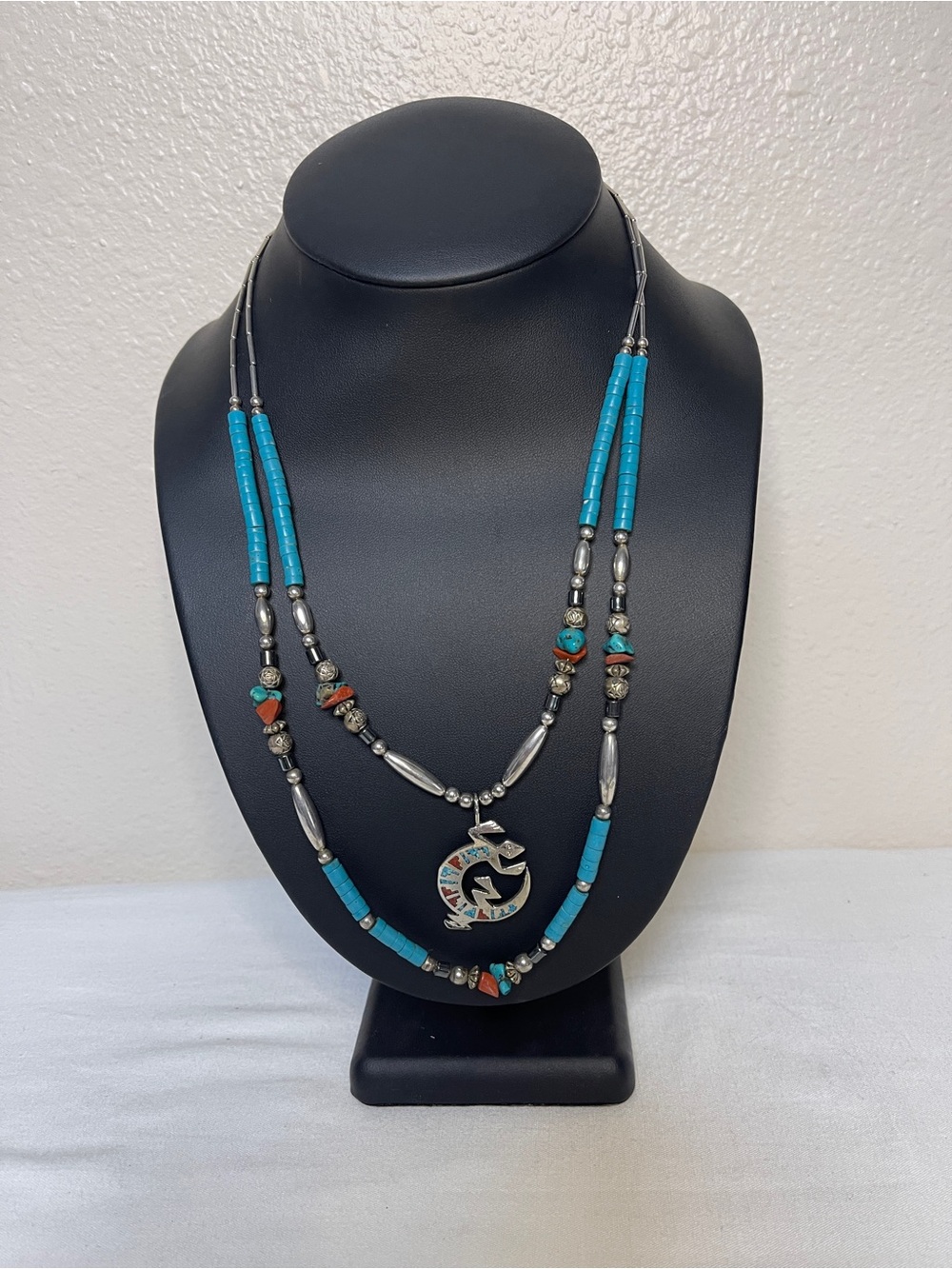 Turquoise and Coral Double-Strand Pendant Necklace